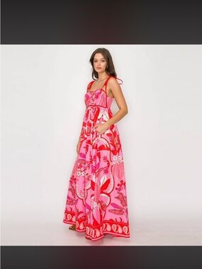 Floral Tie-Shoulder Maxi Dress in Pink & Red